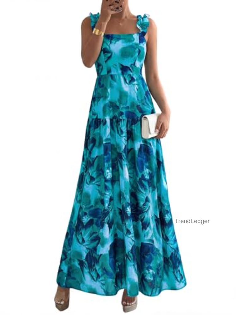 Floral Maxi Dress Sleeveless Smocked Back Ruffle Straps Square Neck Party